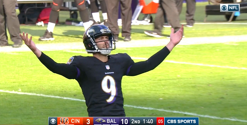 Baltimore Ravens kicker Justin Tucker (Screenshot: CBS)